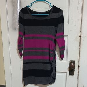 Elegant Striped Long Sleeve Dress in Black and Pink